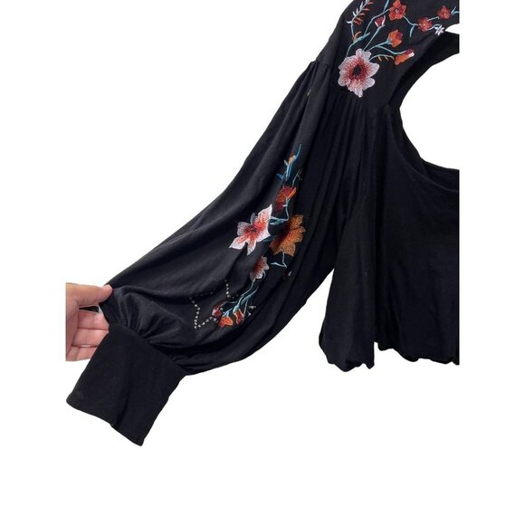 Free People Top Black Embroidered Floral Balloon Long Sleeve Button Size M - Picture 12 of 12